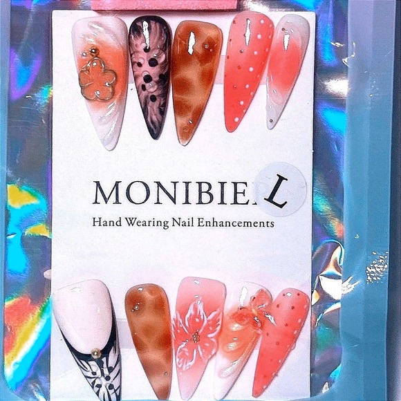 Other - MONIBIER Pink Brown Animal Print Floral‎ Press On Nails Coffin Large